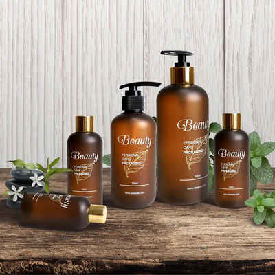 Custom Luxury 300ml Shampoo Bottle Amber Frosted With Plastic Pump